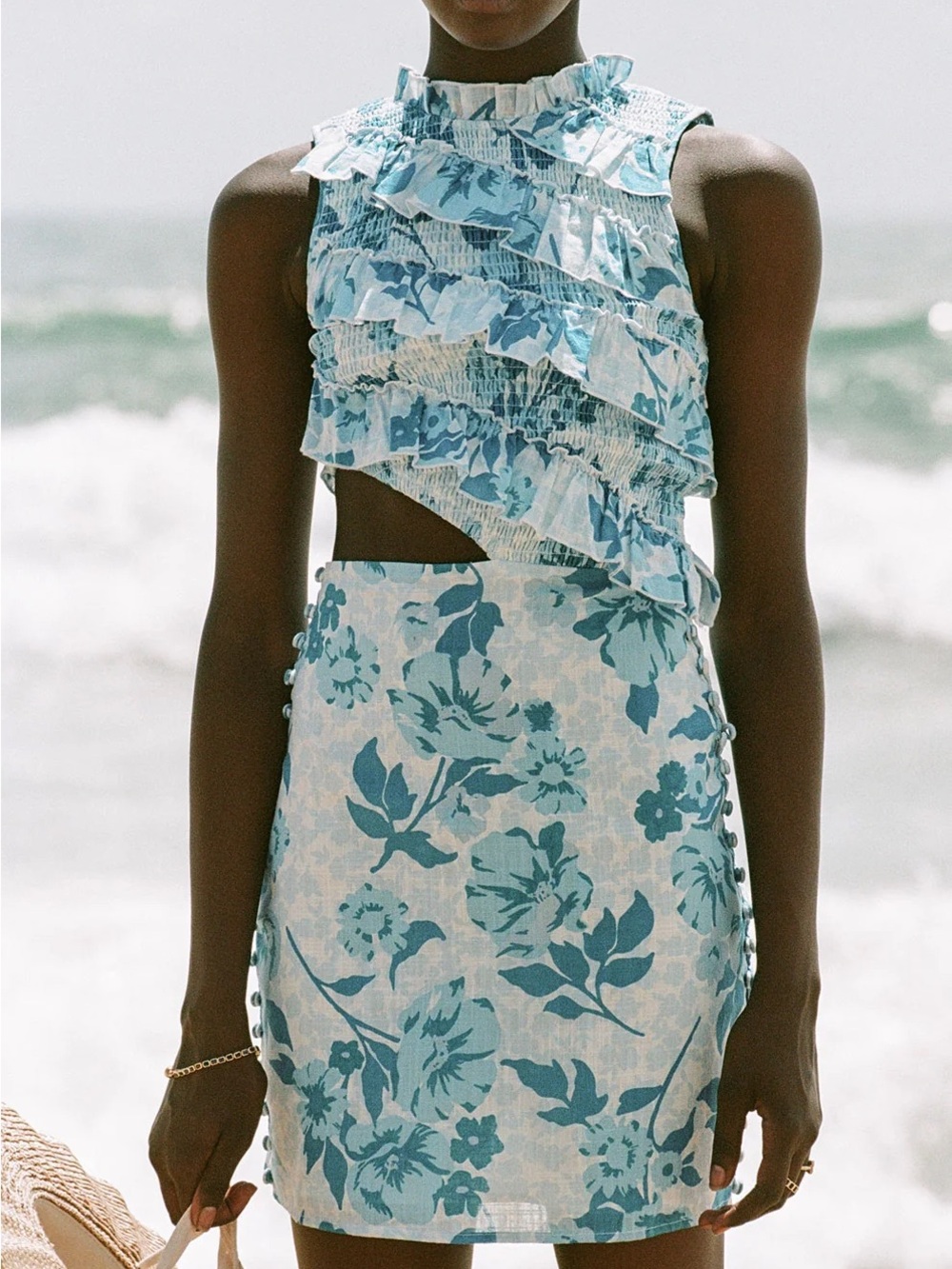 Blue Floral Ruffled Cutout Dress